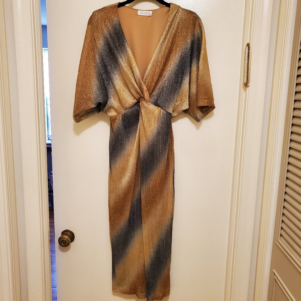 All in Favor Metallic Shimmer Midi Dress with Flutter Sleeves